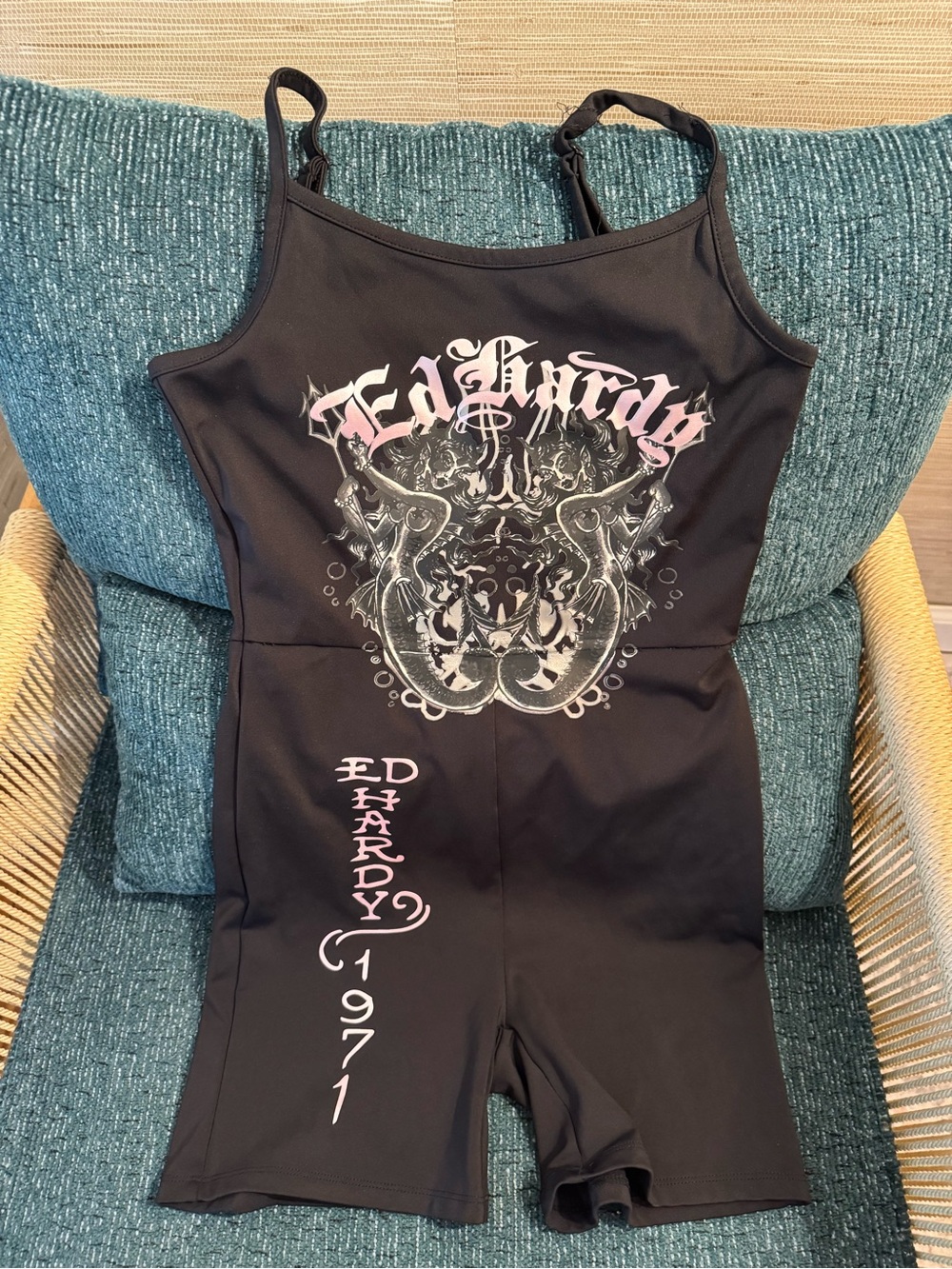 Ed Hardy Black One-Piece Bodysuit with Pink Graphic